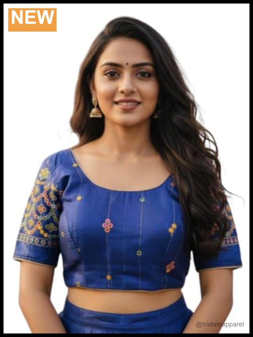 Embroidered Silk Blend Blouse Short Sleeve Round Neck Back Tie Up Ethnic Crop
